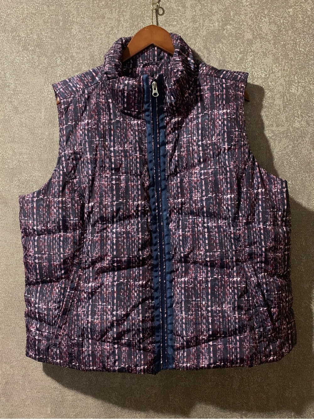 Lands' End Quilted Vest in Navy and Purple Print